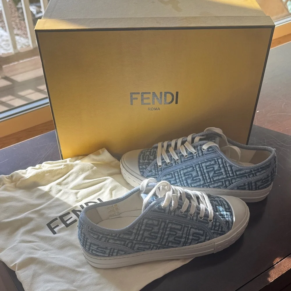 Fendi Denim Blue and White Logo Sneakers - Picture 1 of 5
